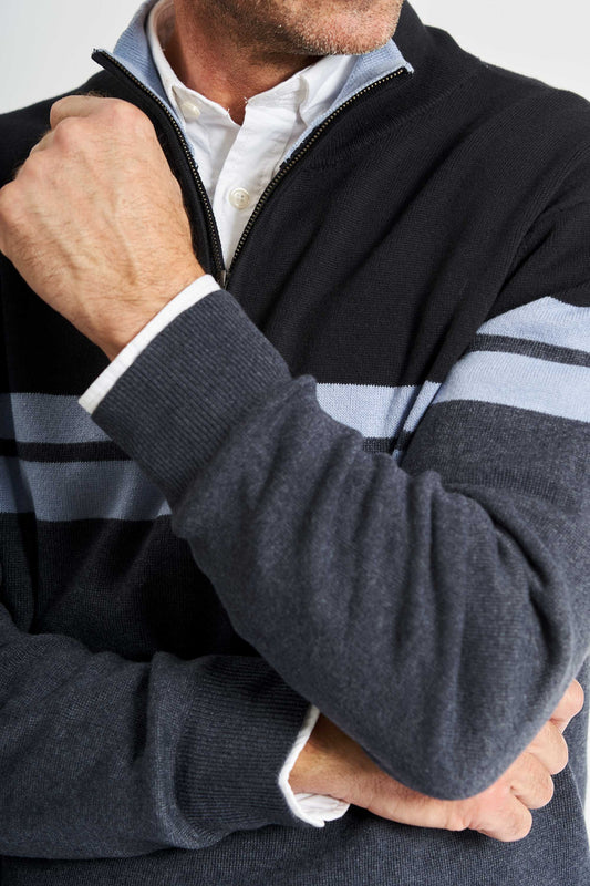 Half Zip Strik 'Kalle' - Medium Blue Striped