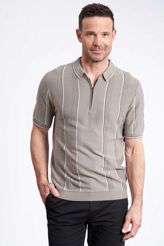 Strikket Polo 'Jesper' - Grey, Stripe/Zip