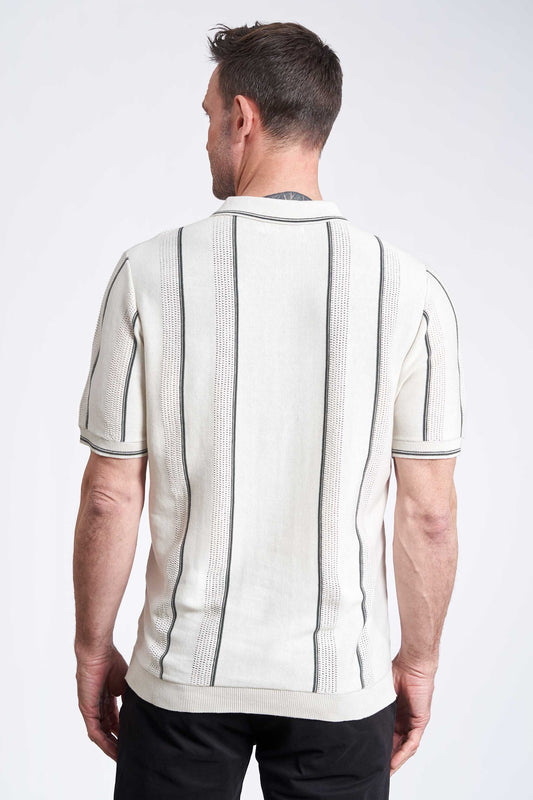 Strikket Polo 'Jesper' - Off White, Stripe/Zip