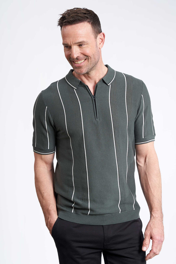 Strikket Polo 'Jesper' - Army, Stripe/Zip