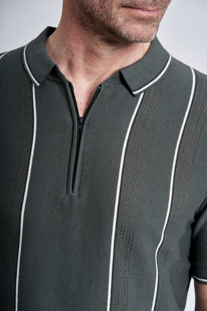 Strikket Polo 'Jesper' - Army, Stripe/Zip