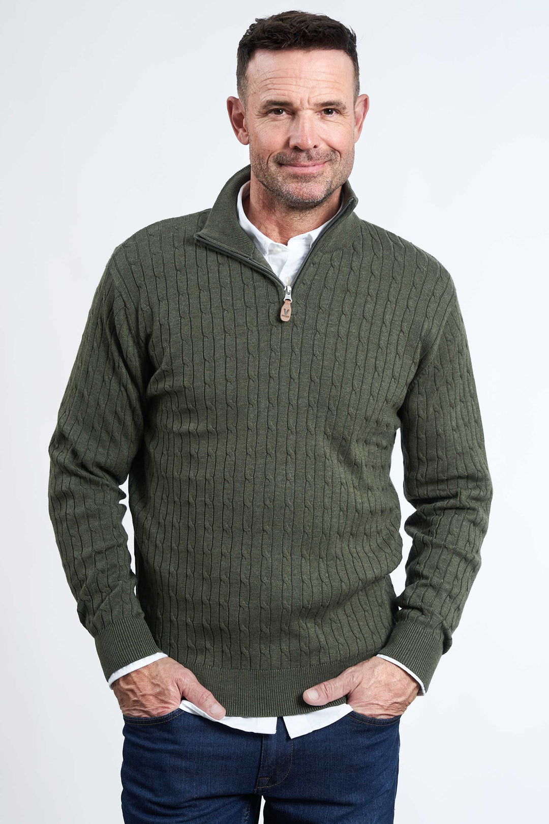 Half Zip Kabeltrik 'Klampenborg' - Dark Olive Mel. One