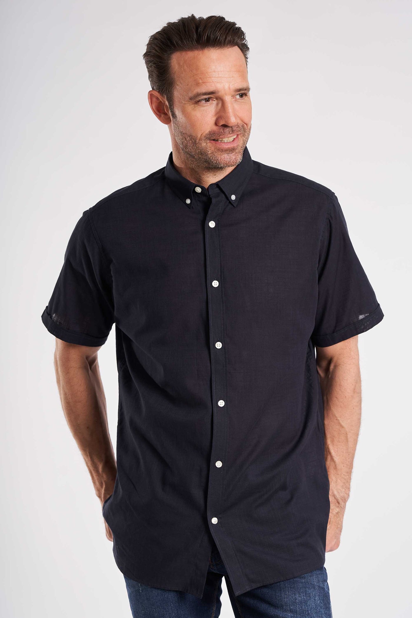 S/S Linen Look Shirt - Navy