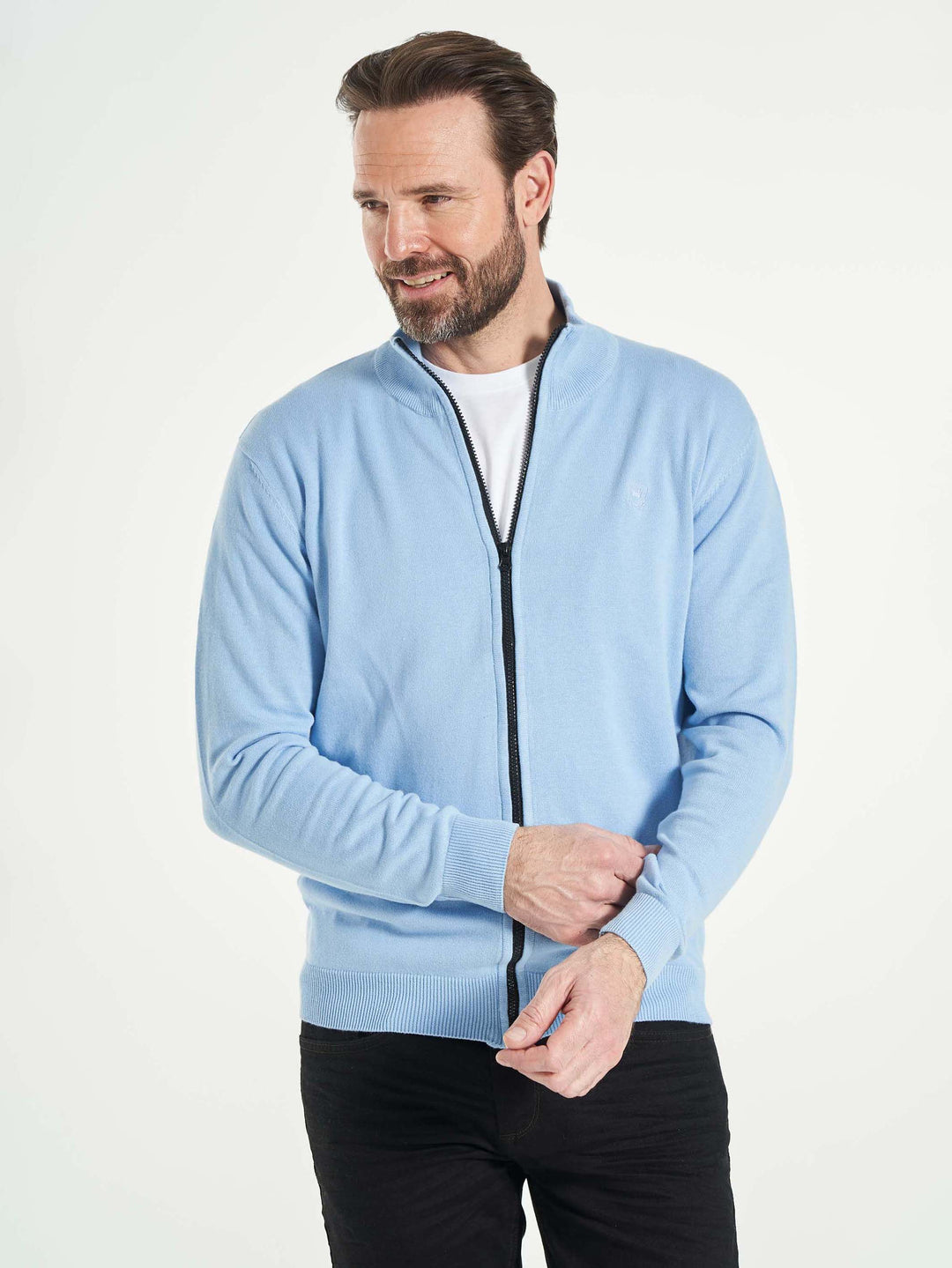 Basic strik cardigan til mænd med lynlås lyseblå