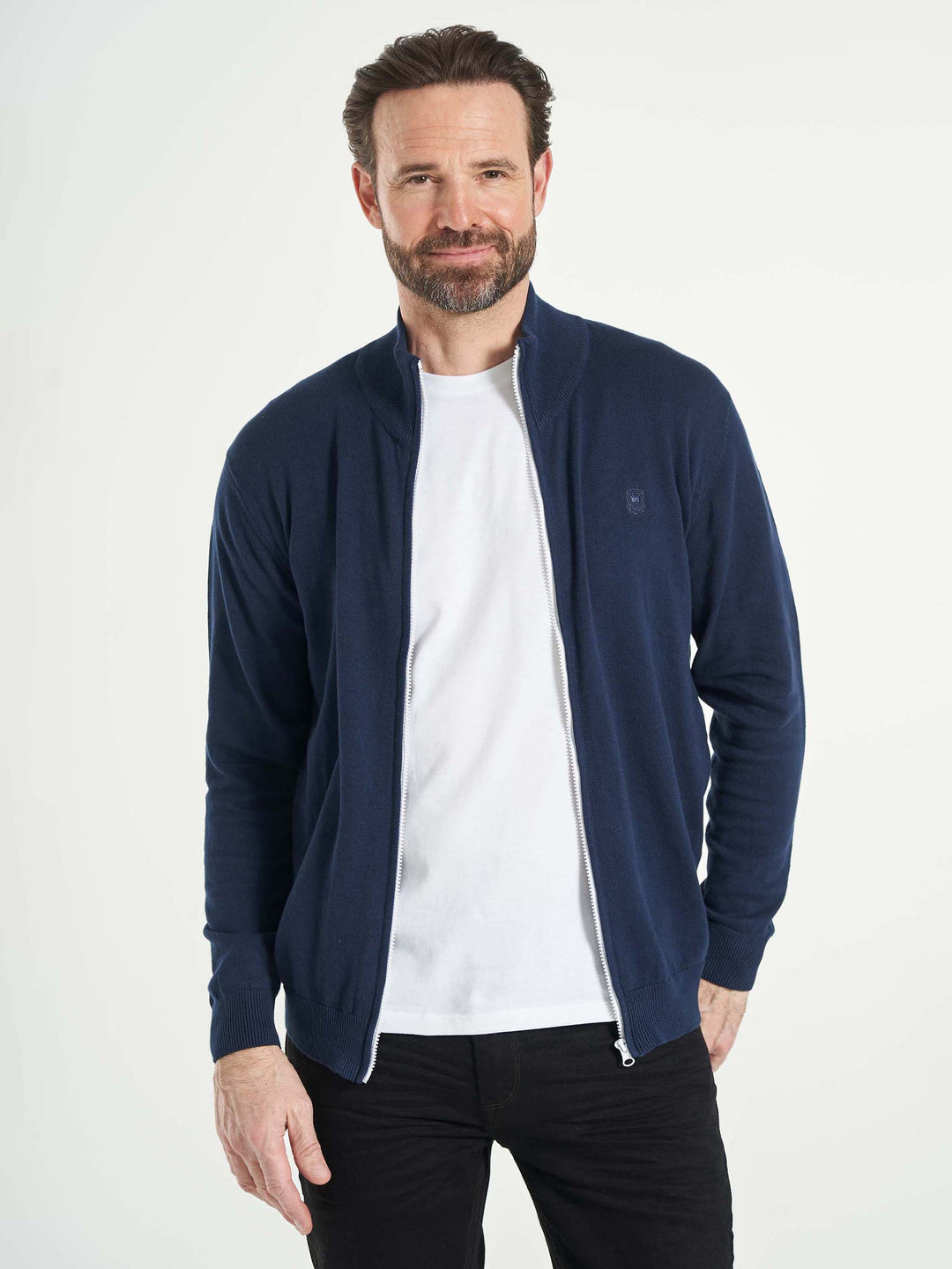 Basic strik cardigan til mænd med lynlås blå