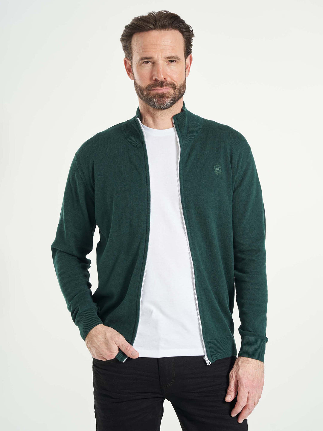 Basic strik cardigan til mænd med lynlås grøn