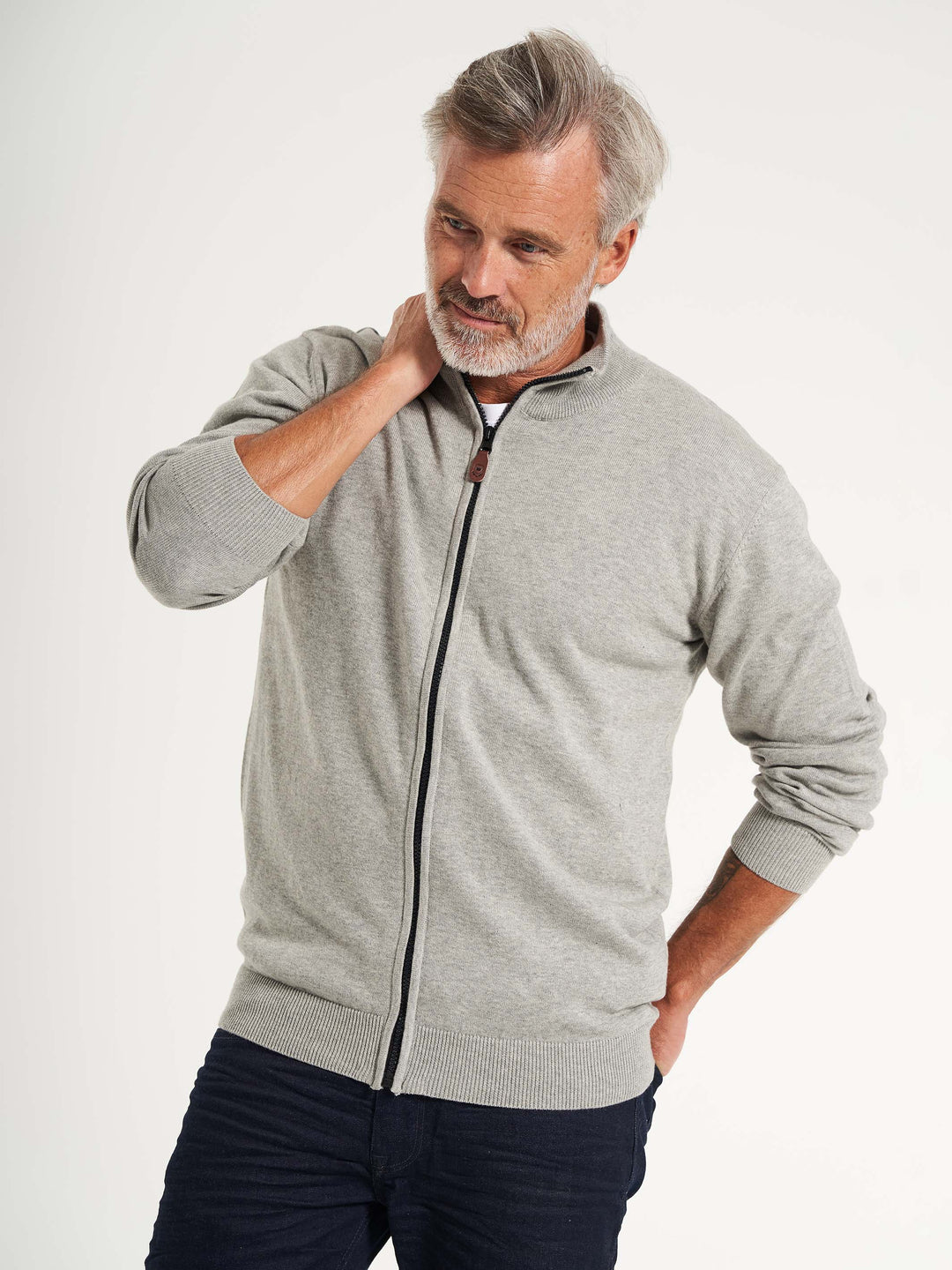Basic strik cardigan til mænd med lynlås lysegrå