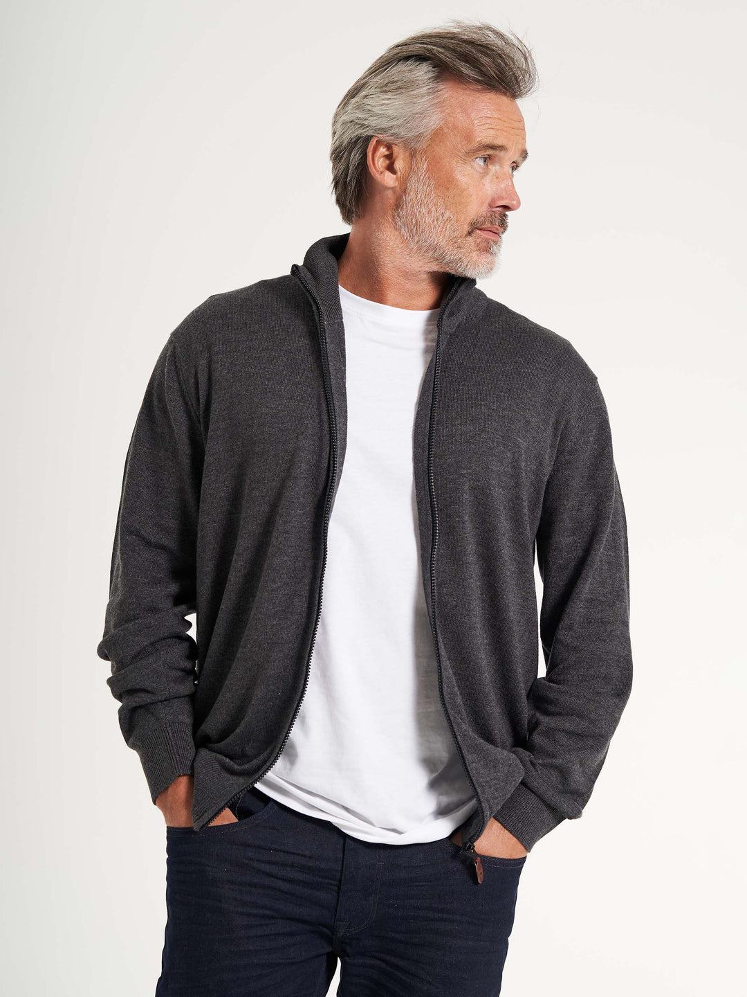 Basic strik cardigan til mænd med lynlås mørkegrå