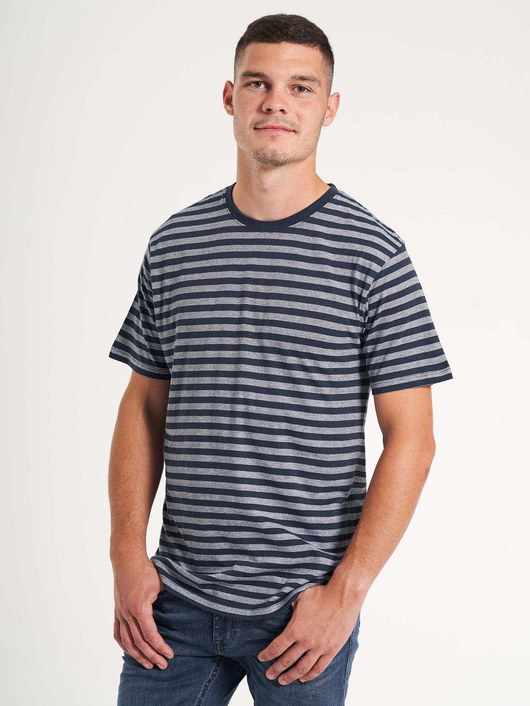 Basic herre t-shirt stribet mørkeblå