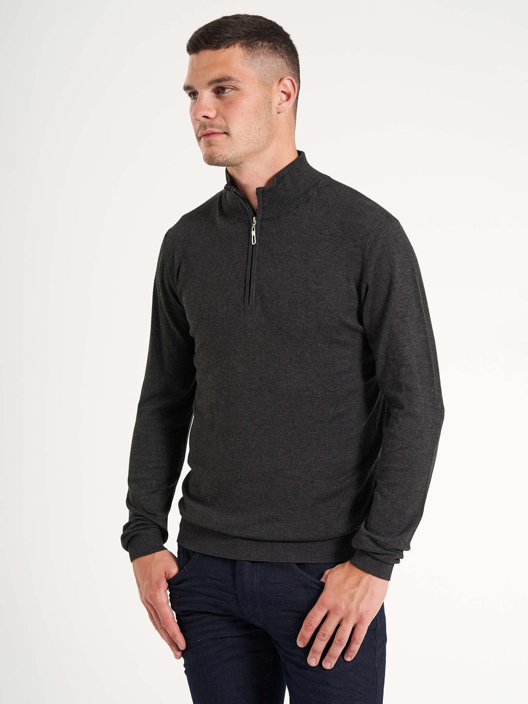 Blød viskose strik cardigan med halfzip lynlås til mænd mørkegrå