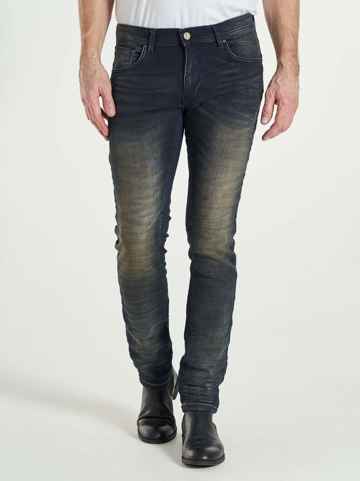 Modern fit stretch jog pants jeans til mænd mørkeblå med gul vask