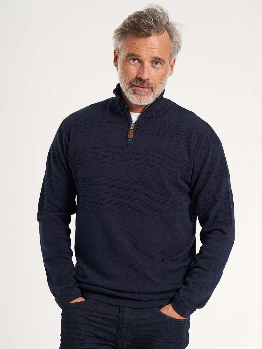 Sømand herre strik pullover halfzip lynlås mørkeblå