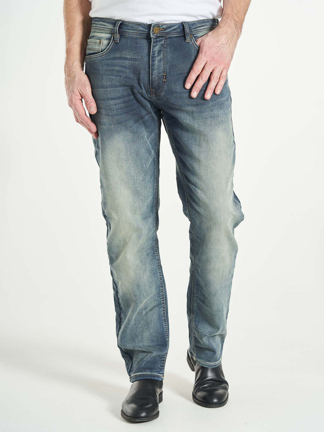 regular fit stretch jeans til mænd brede bukseben lyseblå vask